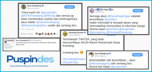 Beberapa cuitan antusiasme para admin desa setelah akun pemerintah desanya terverifikasi oleh Twitter. Sumber: Twitter @puspindes.