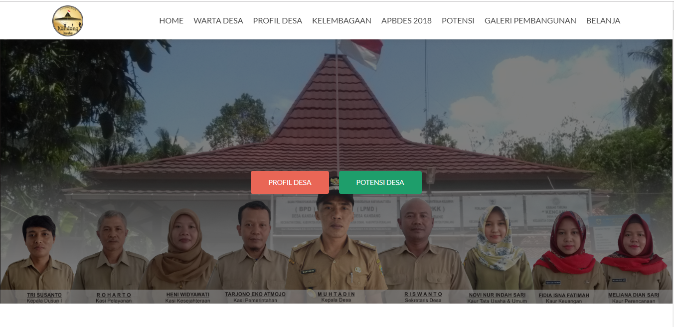 Tampilan website desa Kangdang Kecamatan Comal Kabupaten Pemalang. kandang.desa.id